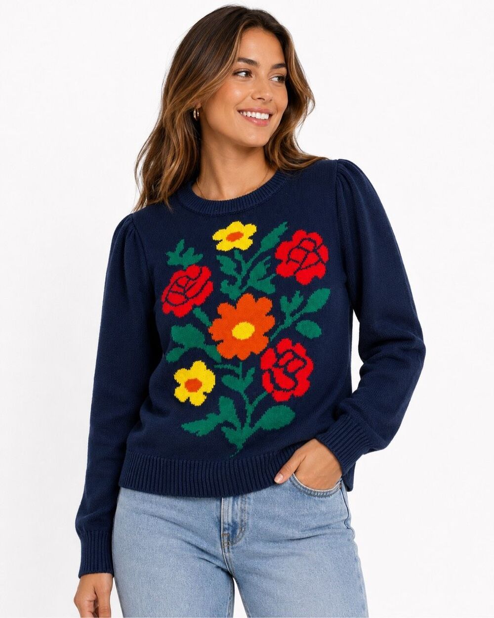 OXKNIT Navy Blue Floral Rose Retro Puff Sleeve Sweater Size Small